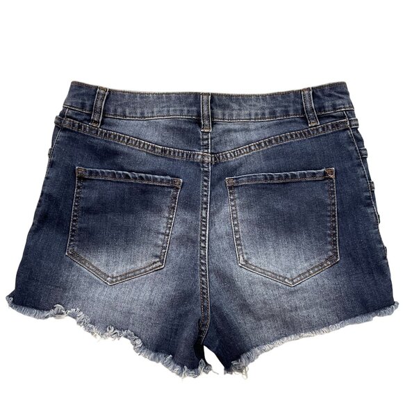 Angel Kiss Jean Shorts Womens 9 Blue Denim Cut Offs Y2K Ladder Cut‎ Outs 28x3 - Picture 3 of 10